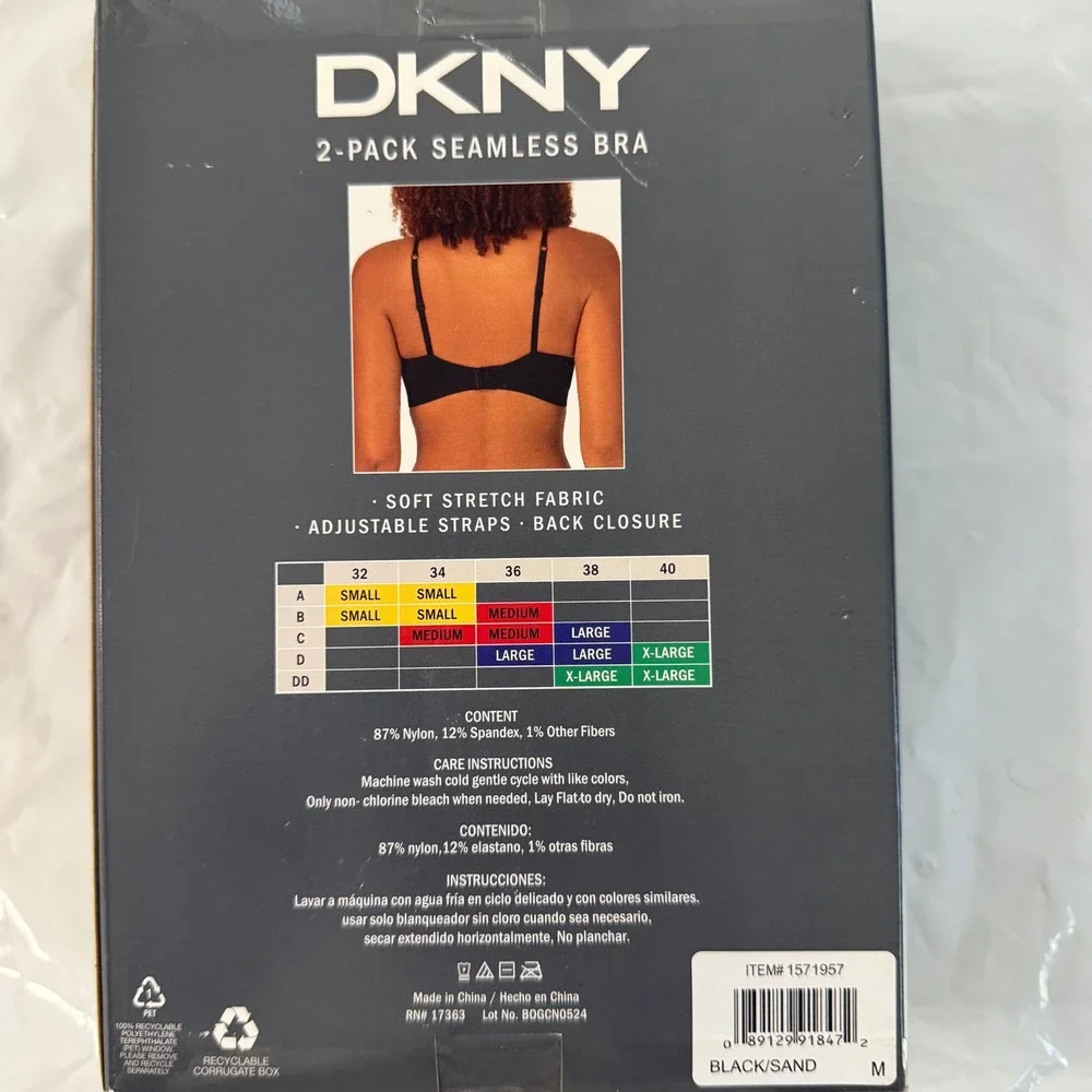 DKNY 2PK Seamless Bra Black Sand Medium Adjustable Straps 1571957